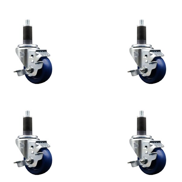 3'' SS Solid Poly Swivel 1-1/4'' Expanding Stem Caster Set with Brake, 4PK